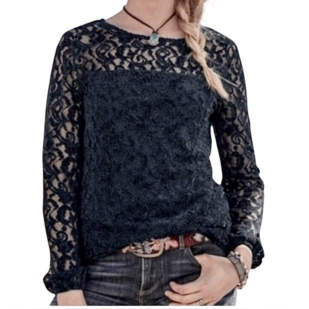 Sundance Black Velevet Lace Overlay Blouse Size M whimsigoth boho